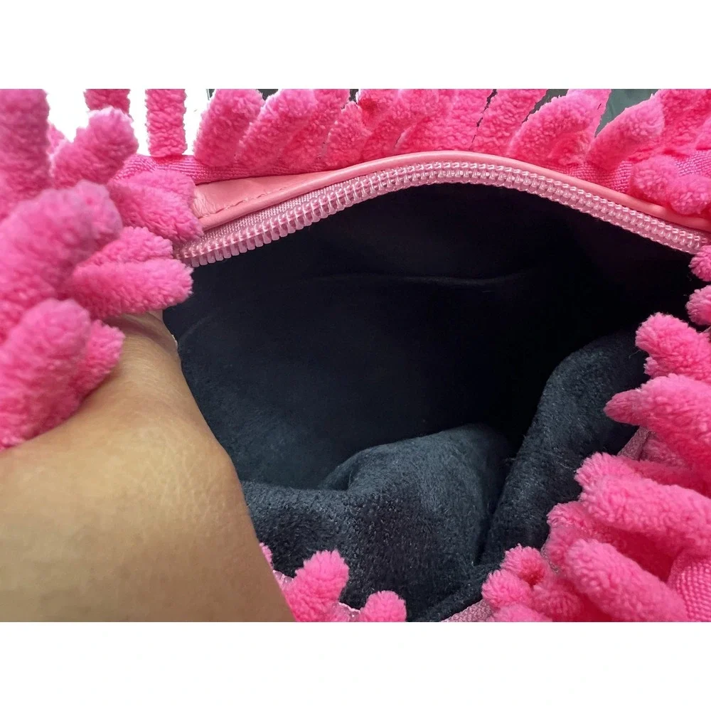 SCULPTURE Pink Chenille Shag Hobo Shoulder Bag Green Beads Y2K Style 91E